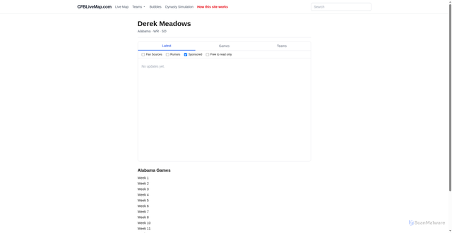 Security scan screenshot of https://cfblivemap.com/player/derek-meadows