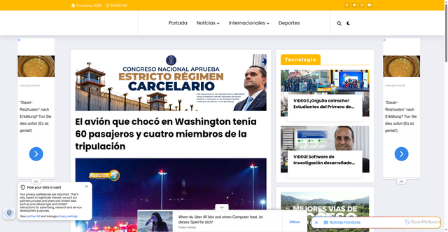 Security scan screenshot of https://noticias247.hn/el-avion-que-choco-en-washington-tenia-60-pasajeros-y-cuatro-miembros-de-la-tripulacion.html