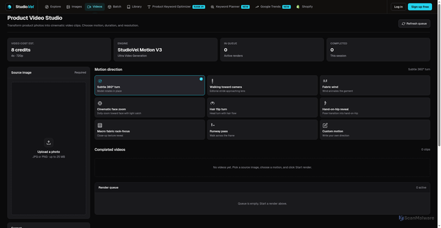 Security scan screenshot of https://studiovel.app/videos