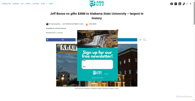 Security scan screenshot of https://thebamabuzz.com/jeff-bezos-ex-gifts-38m-to-alabama-state-university-largest-in-history/