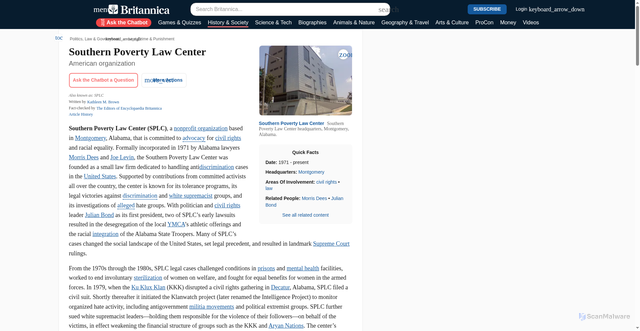 Security scan screenshot of https://www.britannica.com/topic/Southern-Poverty-Law-Center