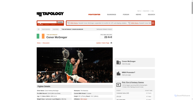 Security scan screenshot of https://www.tapology.com/fightcenter/fighters/14607-conor-mcgregor
