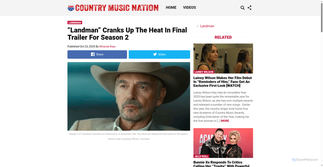 Security scan screenshot of https://countrymusicnation.com/landman-cranks-up-the-heat-in-final-trailer-for-season-2