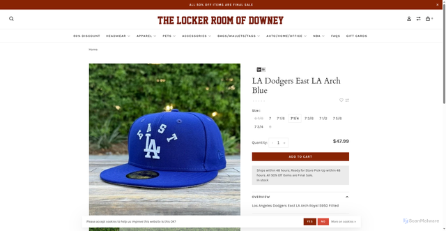 Security scan screenshot of https://www.thelockerroomofdowney.com/la-dodgers-east-la-arch-blue.html