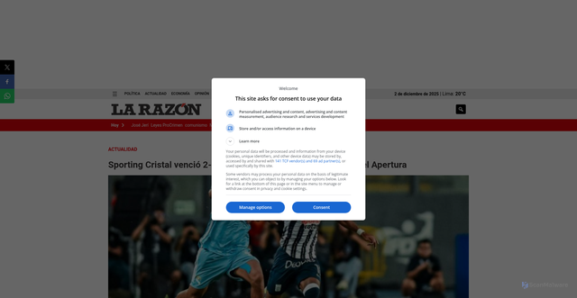 Security scan screenshot of https://larazon.pe/sporting-cristal-vencio-2-1-a-alianza-lima-y-es-lider-absoluto-del-apertura/