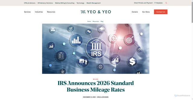 Security scan screenshot of https://www.yeoandyeo.com/resource/irs-announces-2026-standard-business-mileage-rates