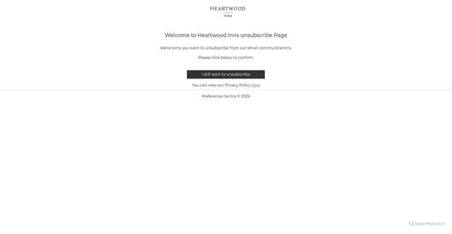 Security scan screenshot of https://Heartwoodinns.comms-pref.com/Preferences/Unsubscribe?P1=3837002&P2=2de4bb5706dca9b5dbc5e67a18373a71&P3=82605&utm_campaign=4730-HWI%20Christmas&utm_source=Atreemo&utm_medium=email&utm_content=&utm_term=