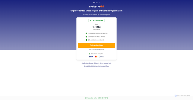 Security scan screenshot of https://membership.malaysiakini.com