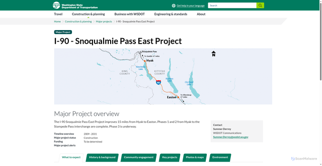 Security scan screenshot of https://wsdot.wa.gov/construction-planning/major-projects/i-90-snoqualmie-pass-east-project