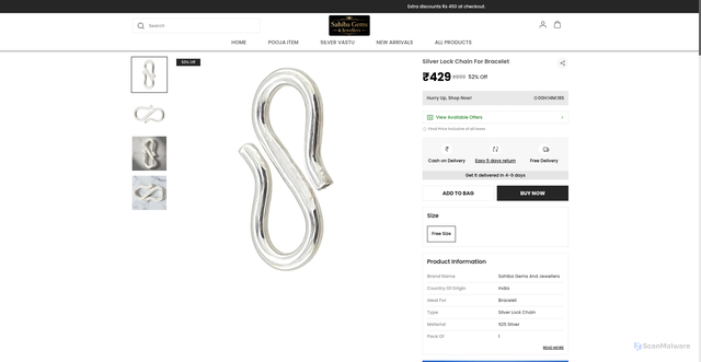 Security scan screenshot of https://sahibagems.shop/Silver-Lock-Chain-For-Bracelet/catalogue/0ZLVa5FT/qREeqM0a