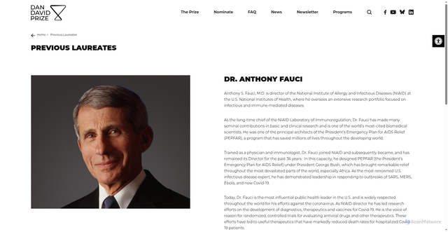 Security scan screenshot of https://dandavidprize.org/laureates/dr-anthony-fauci/