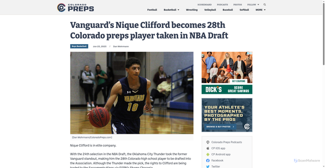Security scan screenshot of https://coloradopreps.com/vanguards-nique-clifford-becomes-28th-colorado-preps-player-taken-in-nba-draft/
