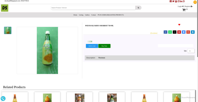 Security scan screenshot of https://dorshoponline.in/PATANJALI-KHUS-SHARBAT-750-ML_706149