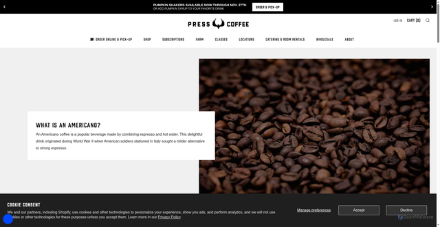 Security scan screenshot of https://presscoffee.com/pages/what-is-an-americano?srsltid=AfmBOoqqSBkYPQJyzhd4rxx7EZug6mgUTLS3fLq-aC6kmSD_i3m8r8-W