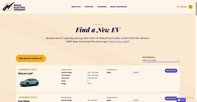 Security scan screenshot of https://www.driveelectricvt.com/shopping/find-your-ev
