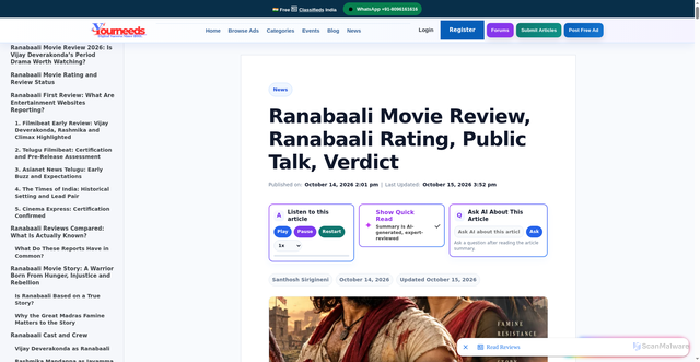 Security scan screenshot of https://yourneeds.asia/news/latest-news/ranabaali-movie-review