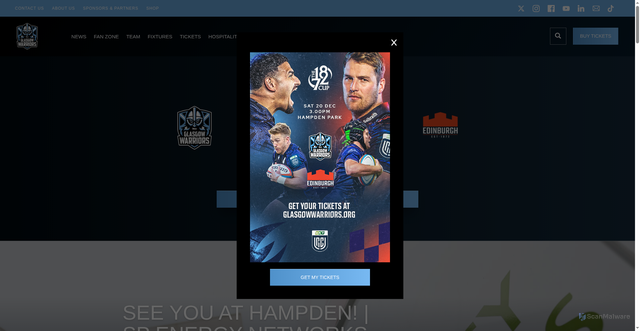Security scan screenshot of https://glasgowwarriors.org/