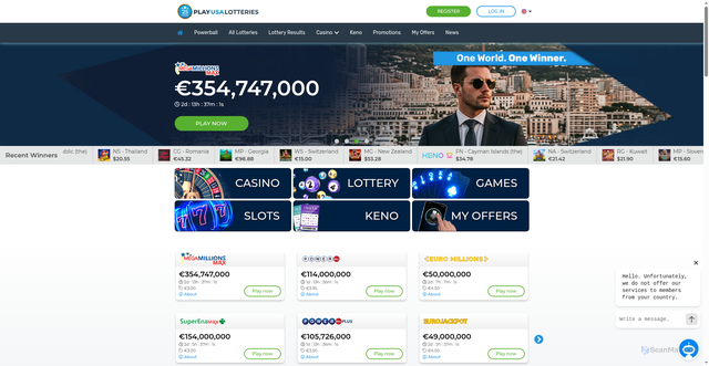 Security scan screenshot of https://www.playusalotteries.com/en