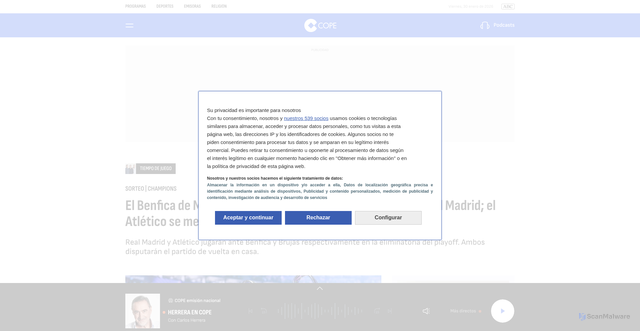 Security scan screenshot of https://www.cope.es/programas/tiempo-de-juego/noticias/directo-sorteo-playoff-champions-30-20260130_3297772.html