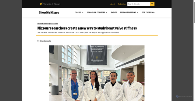 Security scan screenshot of https://showme.missouri.edu/2025/mizzou-researchers-create-a-new-way-to-study-heart-valve-stiffness/
