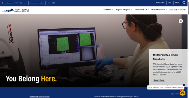 Security scan screenshot of https://www.frontrange.edu/index.html