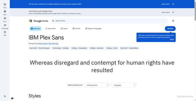 Security scan screenshot of https://fonts.google.com/specimen/IBM+Plex+Sans