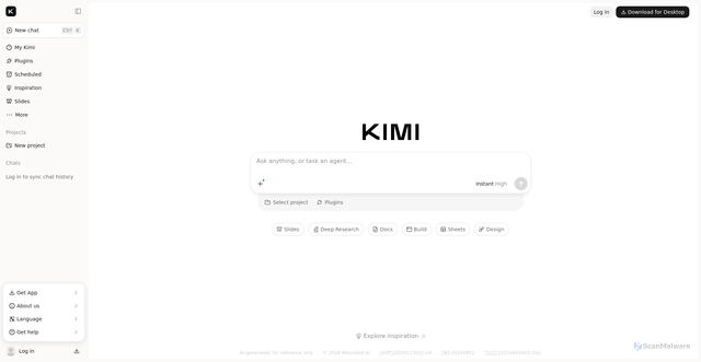 Security scan screenshot of https://www.kimi.com/en