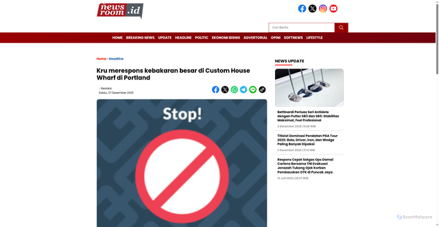 Security scan screenshot of https://newsroom.id/2025/12/kru-merespons-kebakaran-besar-di-custom-house-wharf-di-portland/