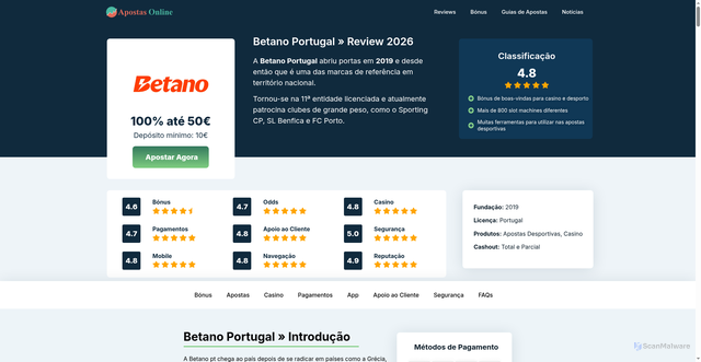 Security scan screenshot of https://apostasonlineportugal.pt/betano-portugal/