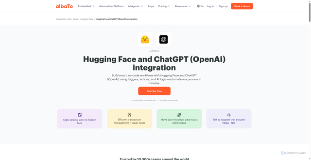 Security scan screenshot of https://albato.com/connect/hugging_face-with-openai