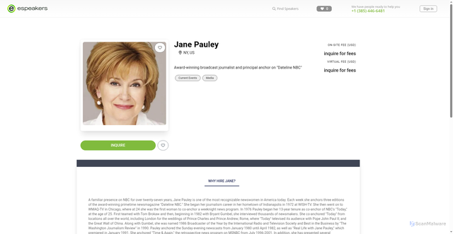 Security scan screenshot of https://www.espeakers.com/marketplace/profile/4122/jane-pauley