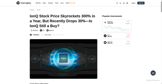 Security scan screenshot of https://www.tradingkey.com/analysis/stocks/us-stocks/251271683-ionq-stock-skyrockets-300-in-a-year-but-recently-drops-30-is-it-still-a-buy-tradingkey