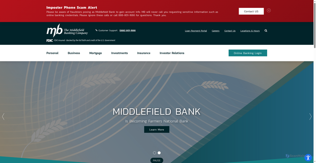 Security scan screenshot of https://www.middlefieldbank.bank/