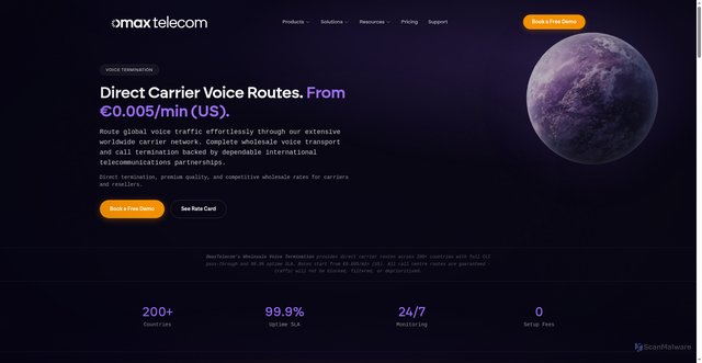 Security scan screenshot of https://omaxtelecom-web.pages.dev/products/voice-termination/