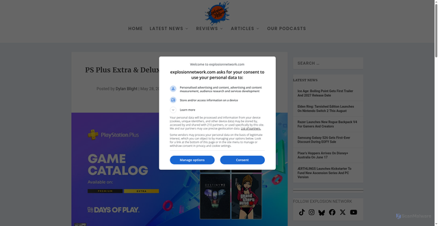 Security scan screenshot of https://explosionnetwork.com/ps-plus-extra-deluxe-june-2025-games-full-lineup-revealed/