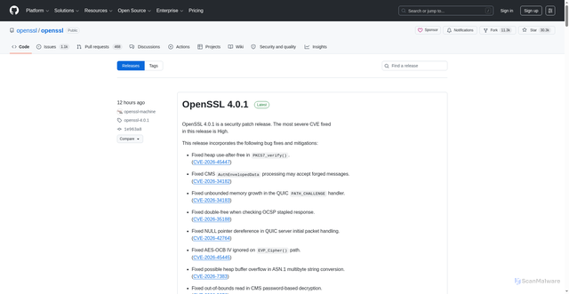 Security scan screenshot of https://github.com/openssl/openssl/releases