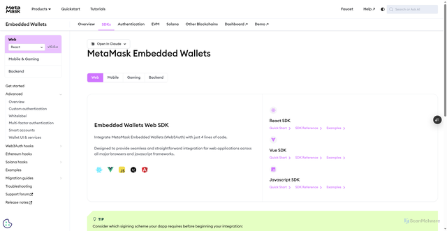 Security scan screenshot of http://metamask-docs-l8lvh00ol-consensys-ddffed67.vercel.app/embedded-wallets/sdk