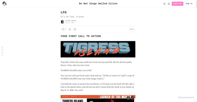 Security scan screenshot of https://patrickkindlon.substack.com/p/lfg