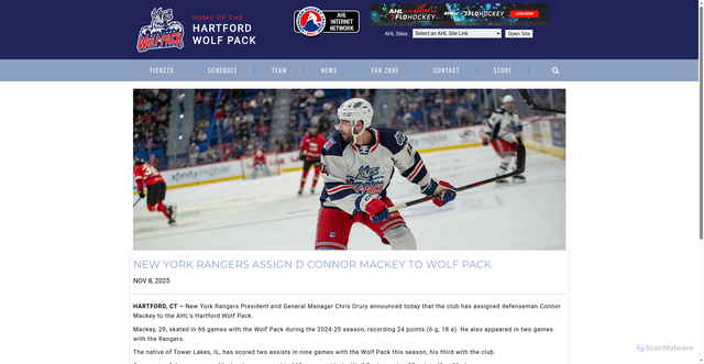 Security scan screenshot of https://www.hartfordwolfpack.com/news/detail/new-york-rangers-assign-d-connor-mackey-to-wolf-pack