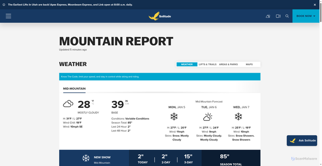 Security scan screenshot of https://www.solitudemountain.com/mountain-and-village/conditions-and-maps