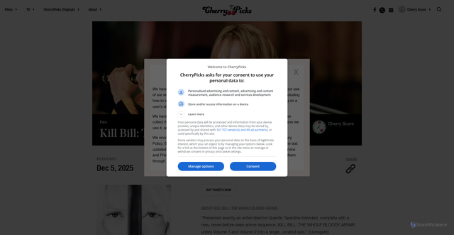Security scan screenshot of https://www.thecherrypicks.com/films/kill-bill-the-whole-bloody-affair/