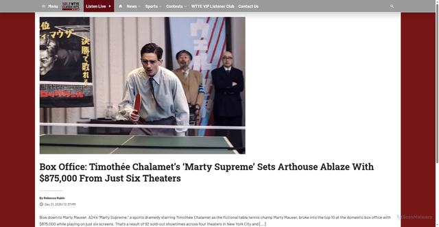 Security scan screenshot of https://www.wtyefm.com/2025/12/21/box-office-timothee-chalamets-marty-supreme-sets-arthouse-ablaze-with-875000-from-just-six-theaters/