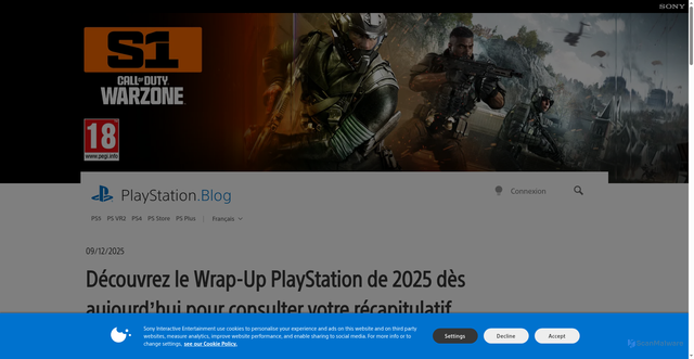 Security scan screenshot of https://blog.fr.playstation.com/2025/12/09/decouvrez-le-wrap-up-playstation-de-2025-des-aujourdhui-pour-consulter-votre-recapitulatif-personnalise-pour-2025/