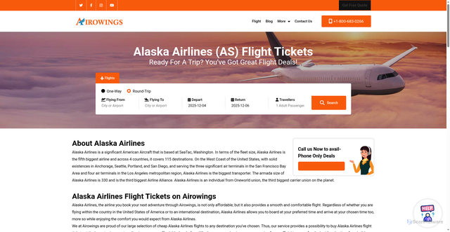 Security scan screenshot of https://www.airowings.com/airlines/alaska-airlines