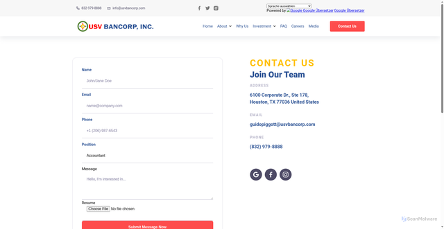 Security scan screenshot of https://usvbancorp.com/apply.html?position=Accountant