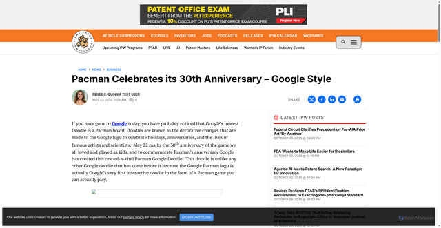 Security scan screenshot of https://ipwatchdog.com/2010/05/22/pacman-30th-anniversary/