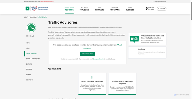 Security scan screenshot of https://www.transportation.ohio.gov/about-us/traffic-advisories