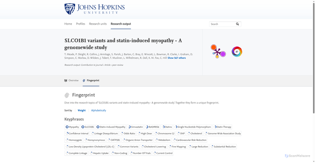 Security scan screenshot of https://pure.johnshopkins.edu/en/publications/slco1b1-variants-and-statin-induced-myopathy-a-genomewide-study/fingerprints/