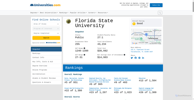 Security scan screenshot of https://www.universities.com/schools/florida-state-university