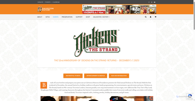 Security scan screenshot of https://www.galvestonhistory.org/events/dickens-on-the-strand